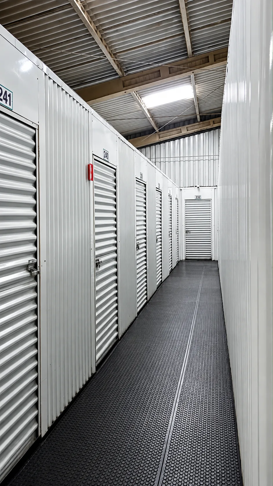 Corredor com boxes numerados de portas brancas na Alogue